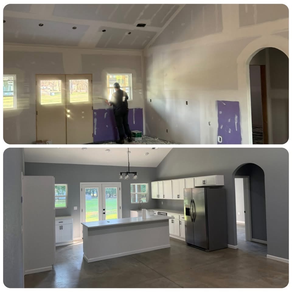 Unfinished interior above; finished gray walls and white trim below.