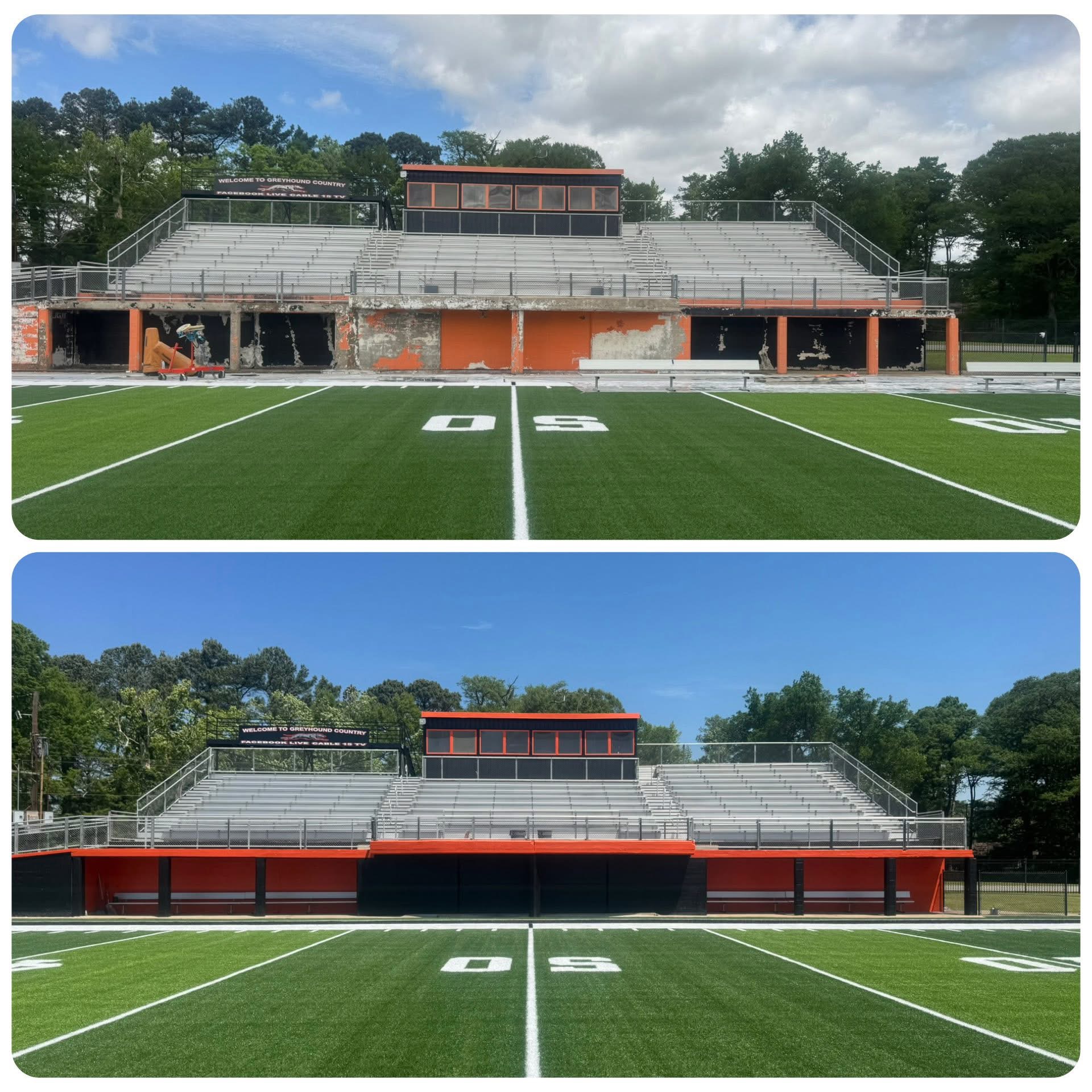 Stadium structure before painting above; freshly painted orange and black exterior below.