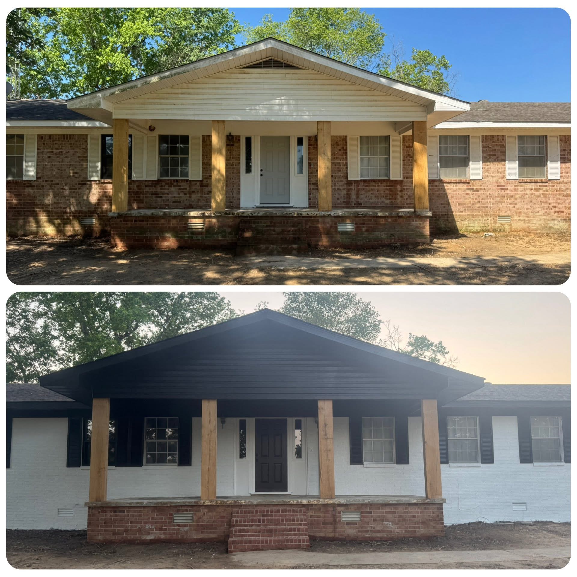 House exterior before painting above; refreshed white brick and dark trim below.