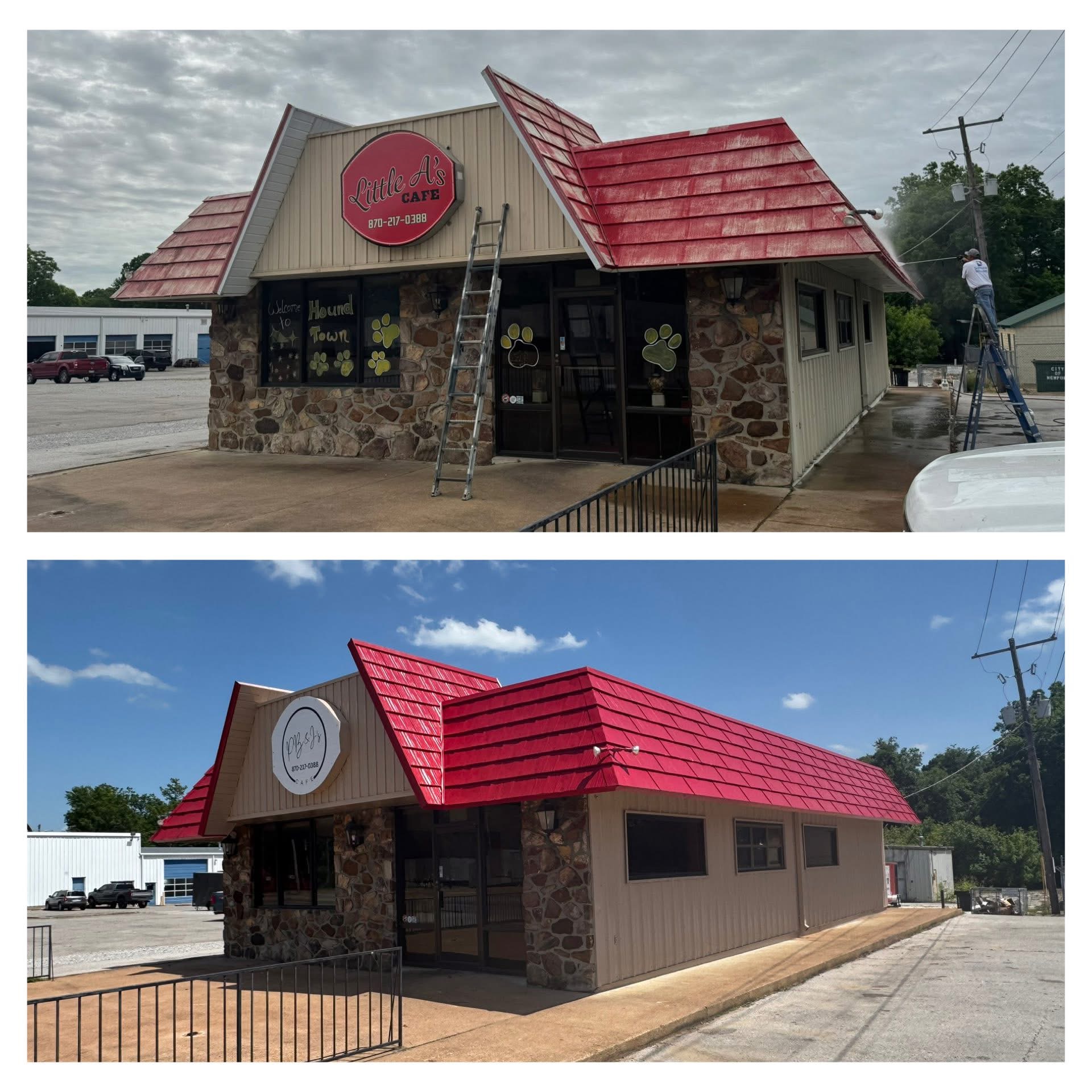 Cafe exterior with weathered roof paint above; freshly painted red roof and exterior below.