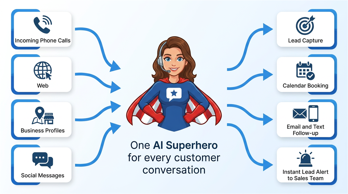 Workflow: incoming phone calls, web, business profiles, and social messages flow into one AI SuperAgent, which routes to lead capture, calendar booking, email and text follow-up, and instant lead alerts to the sales team.