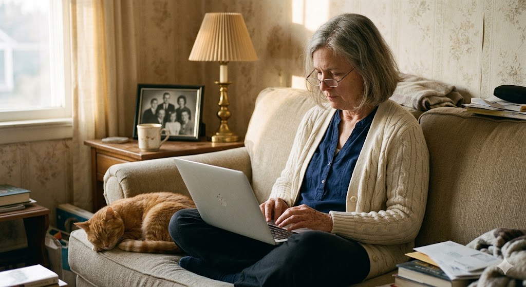 Older woman working on laptop on couch with cat