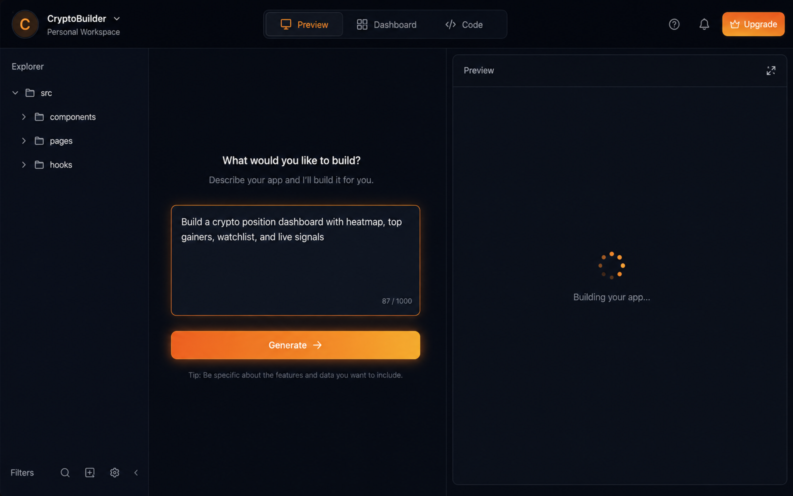 Typing the app idea as a plain-English prompt into Base44 AI builder