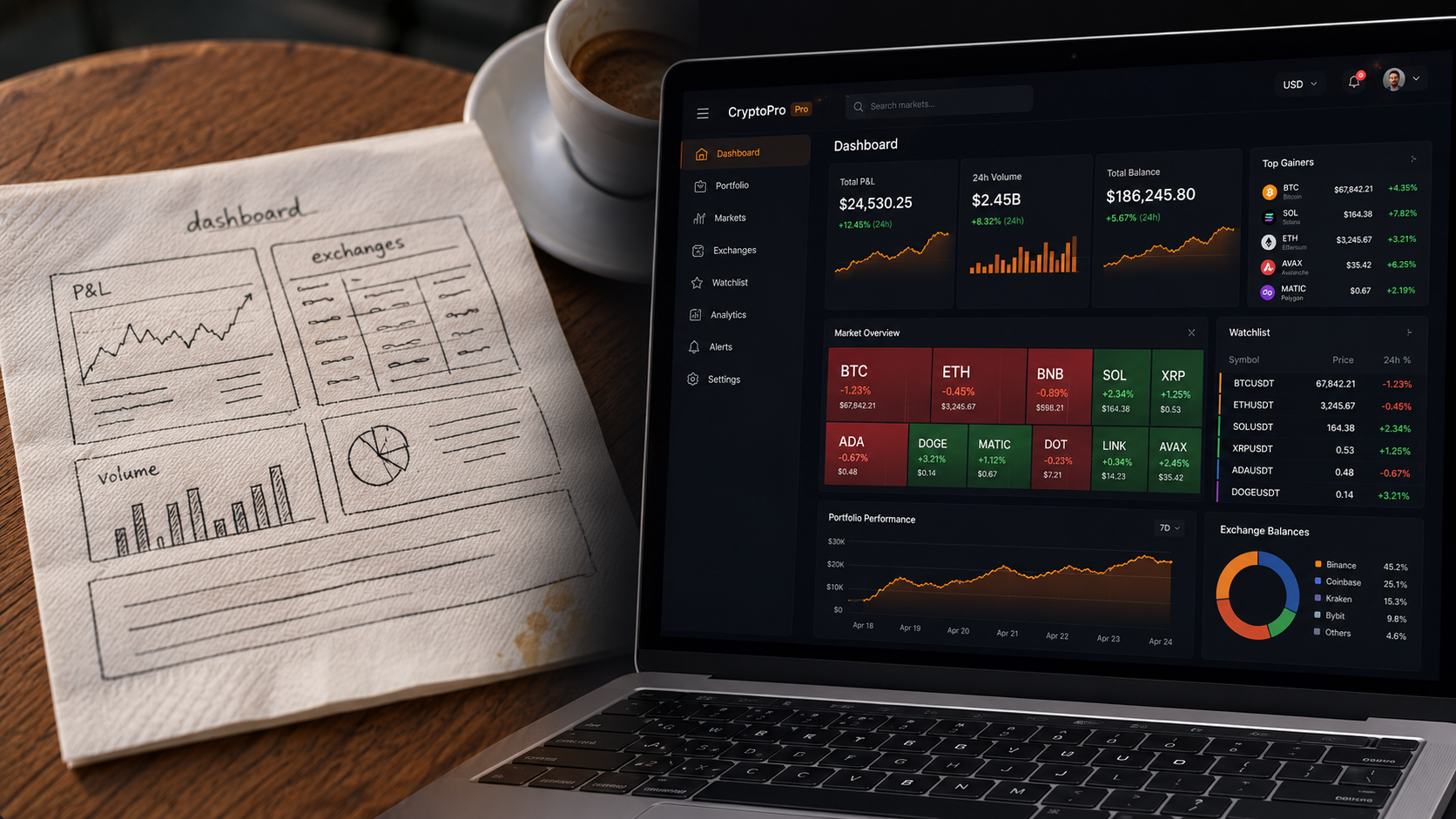 Hand-drawn dashboard sketch on a napkin transitioning into a live crypto dashboard built in Base44