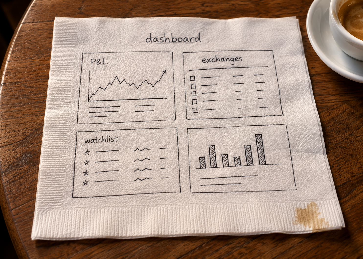 Hand-drawn dashboard wireframe sketched on a paper napkin