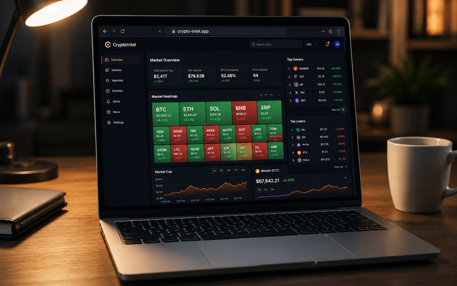 The finished crypto dashboard live in a browser on a laptop with custom domain