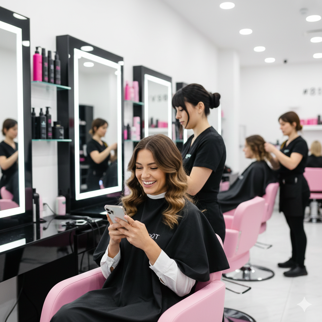 Luxury salon scene with a happy client reading a text message while seated in a pink chair, stylists working nearby, illustrating salon client reactivation, automated text follow-up, and beauty business booking systems. Luxury salon scene with a happy client reading a text message while seated in a pink chair, stylists working nearby, illustrating salon client reactivation, automated text follow-up, and beauty business booking systems.