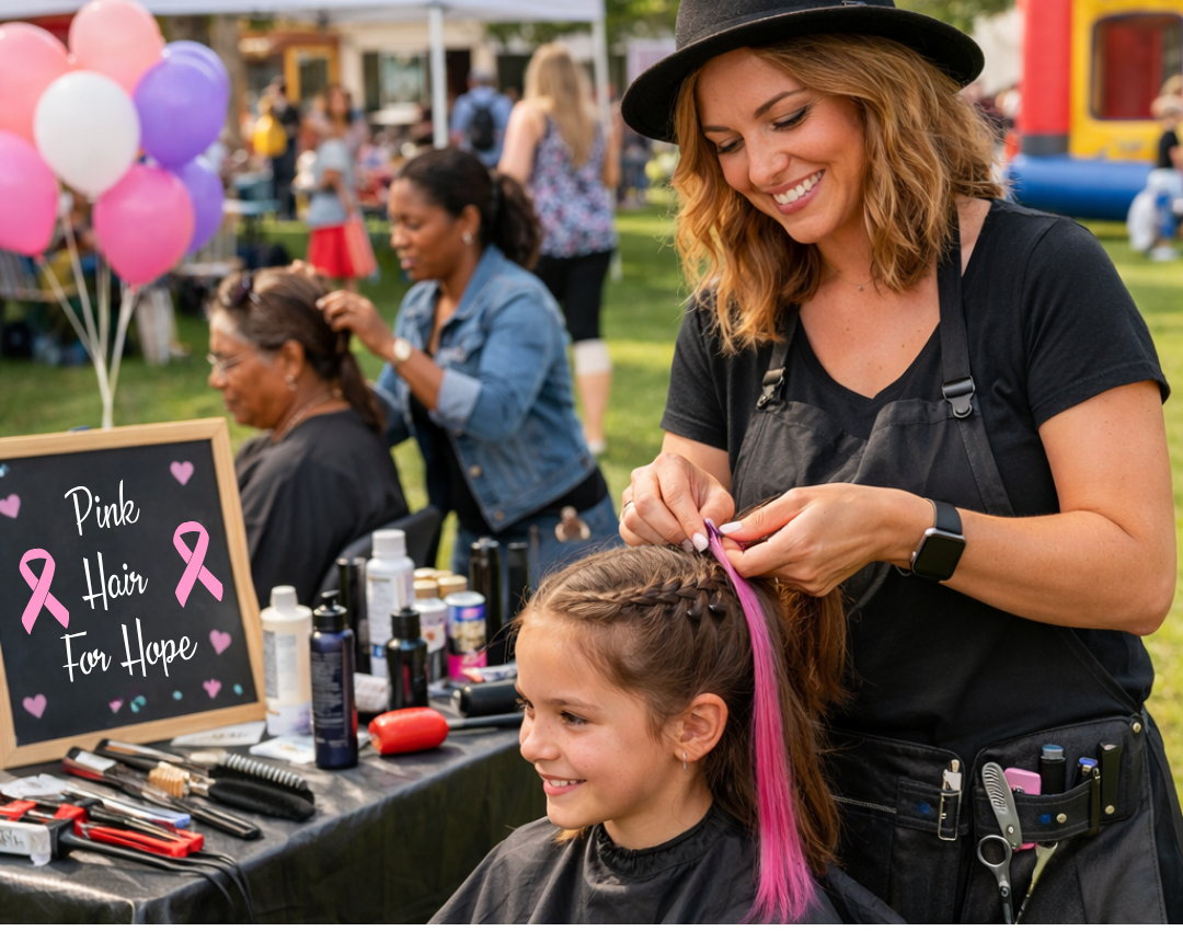 Hairdresser at a local event doing Pink Hair For Hope Local Client Outreach Hairdresser at a local event doing Pink Hair For Hope Local Client Outreach
