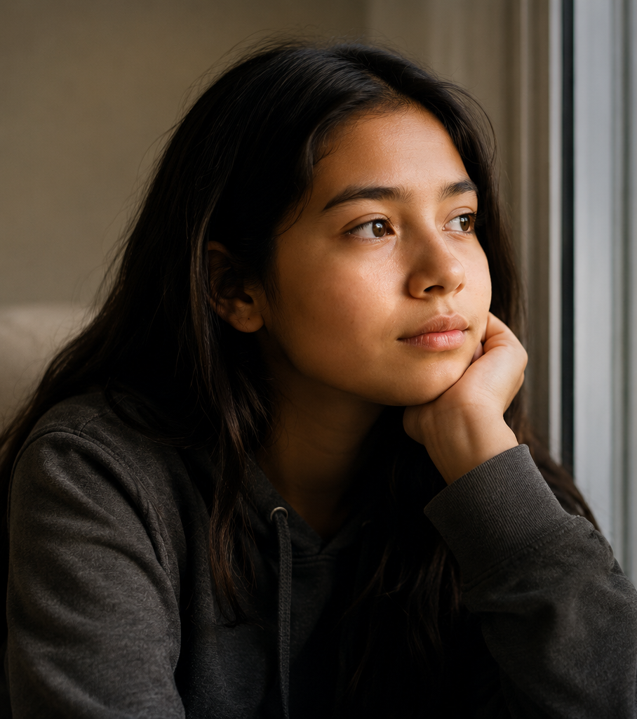 A young woman looking out a window