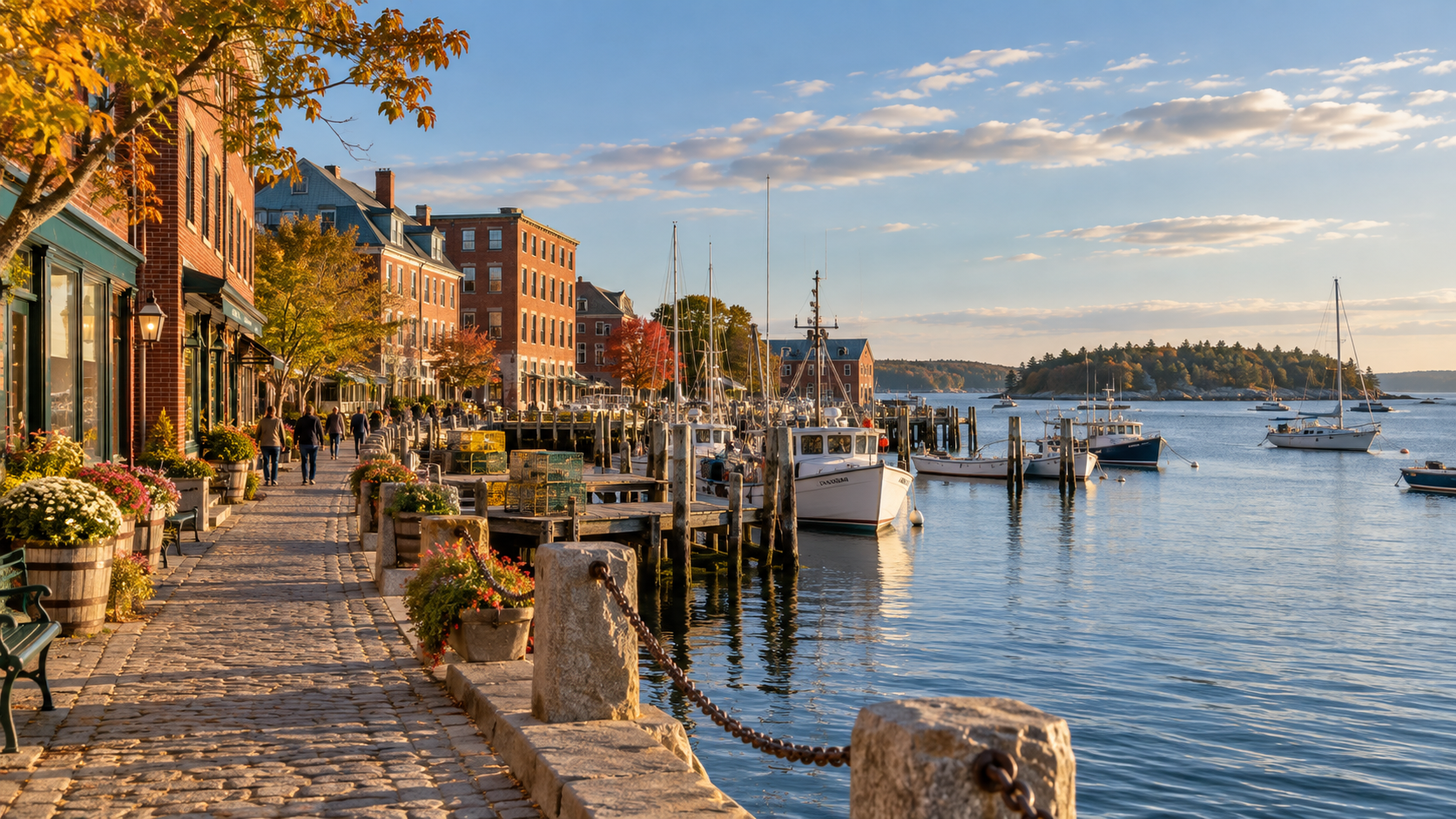 Casco Bay-inspired waterfront with brick storefronts and boats
