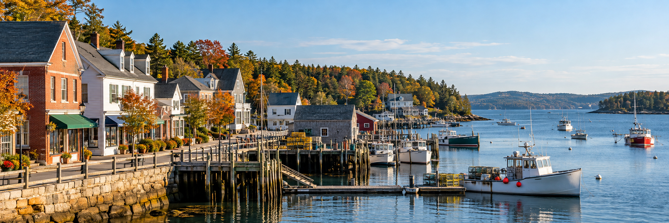 Illustrative Midcoast Maine coastal village with waterfront storefronts, lobster boats, and autumn foliage.