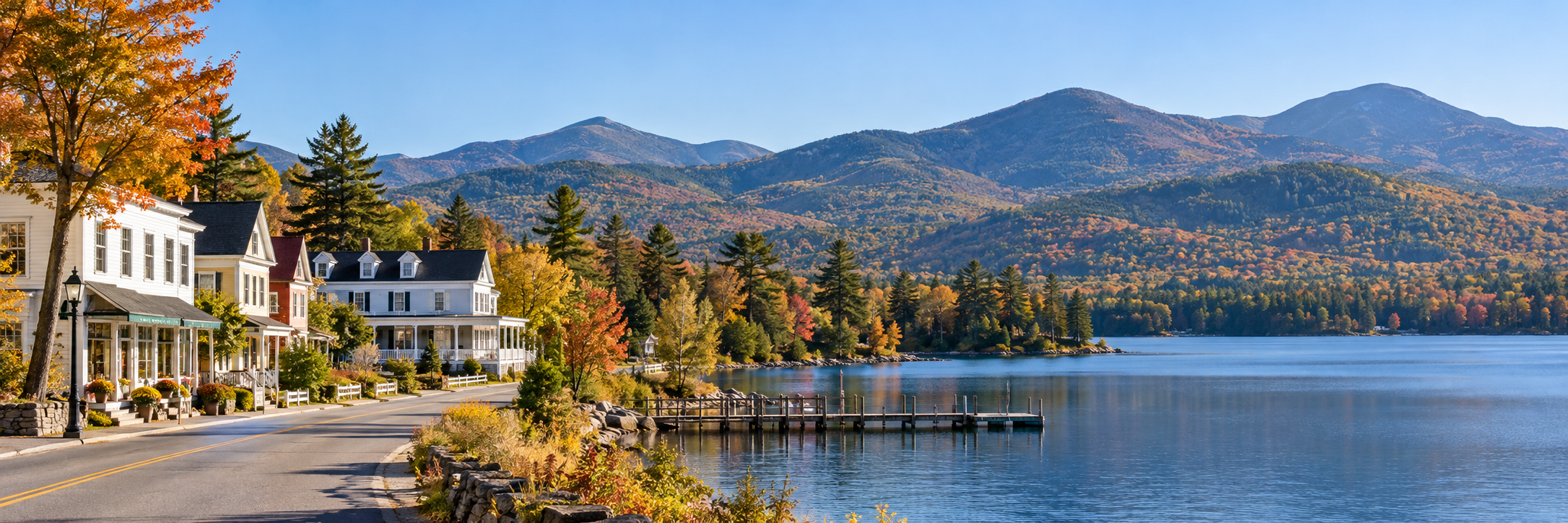 Illustrative western Maine lakeside village with local storefronts, autumn foliage, and forested mountains.