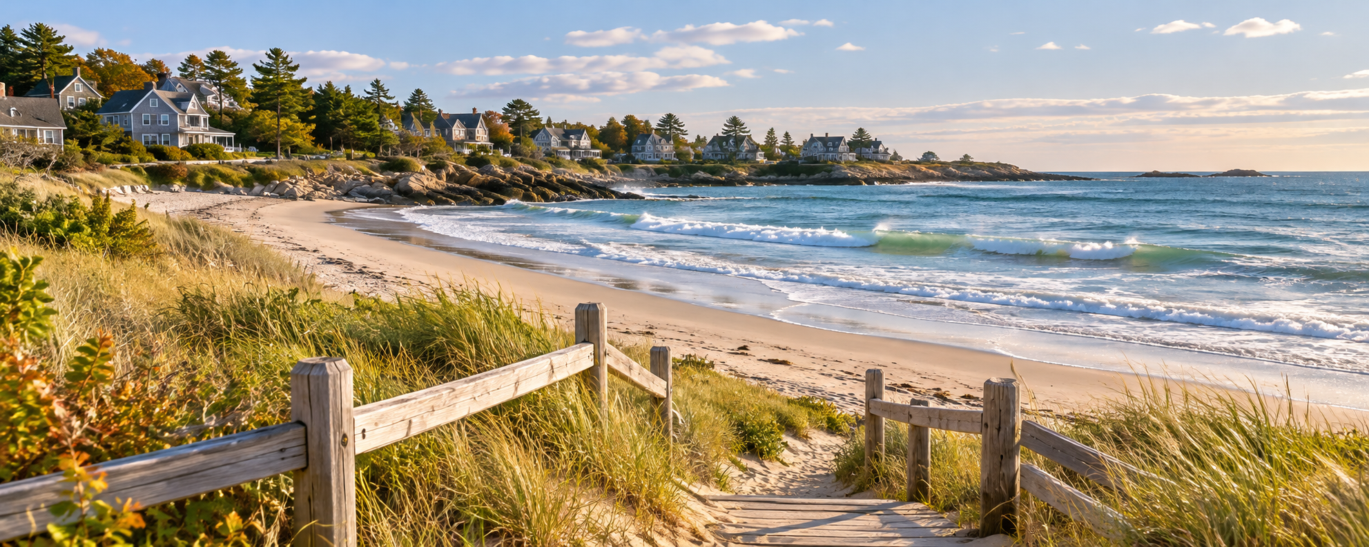 Illustration of a southern Maine sandy shoreline with dune grass and coastal homes.