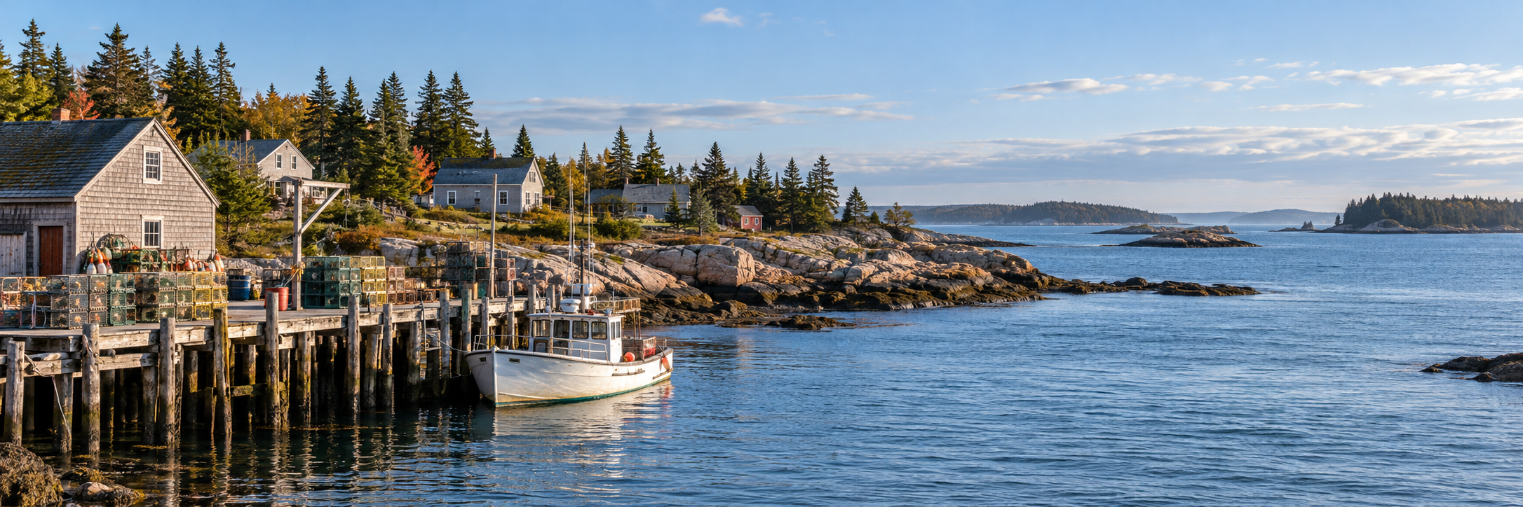 Illustration of a Downeast working harbor with lobster boats, granite shoreline, and spruce trees.