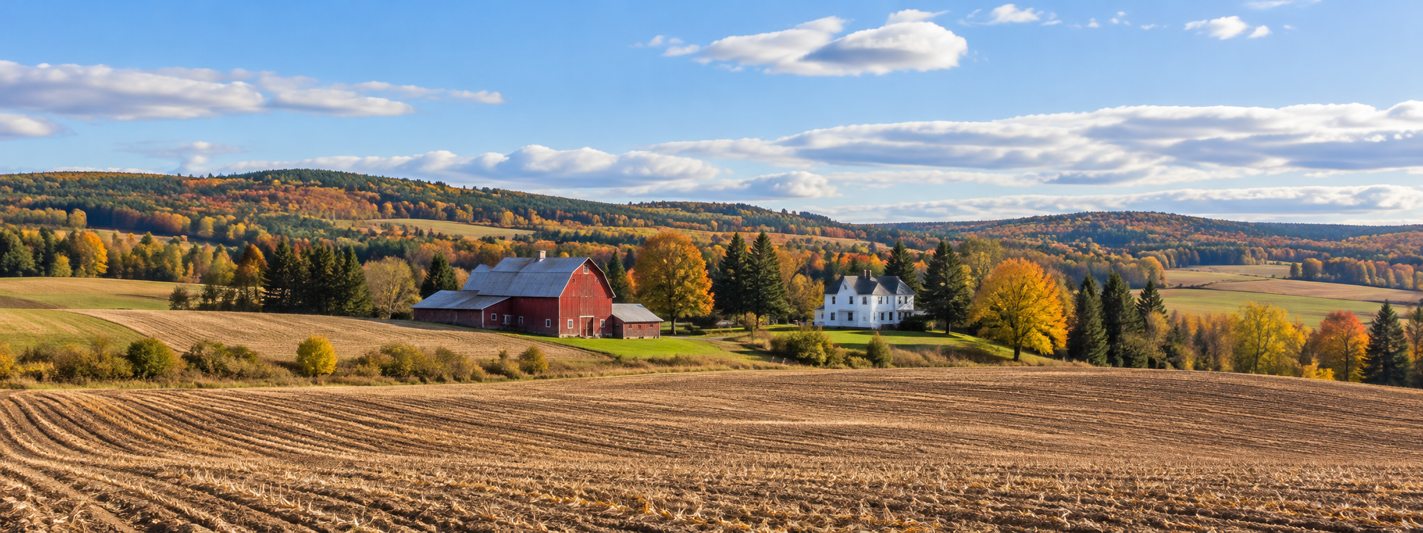 Illustration of Aroostook County farmland with a red barn and autumn hills.