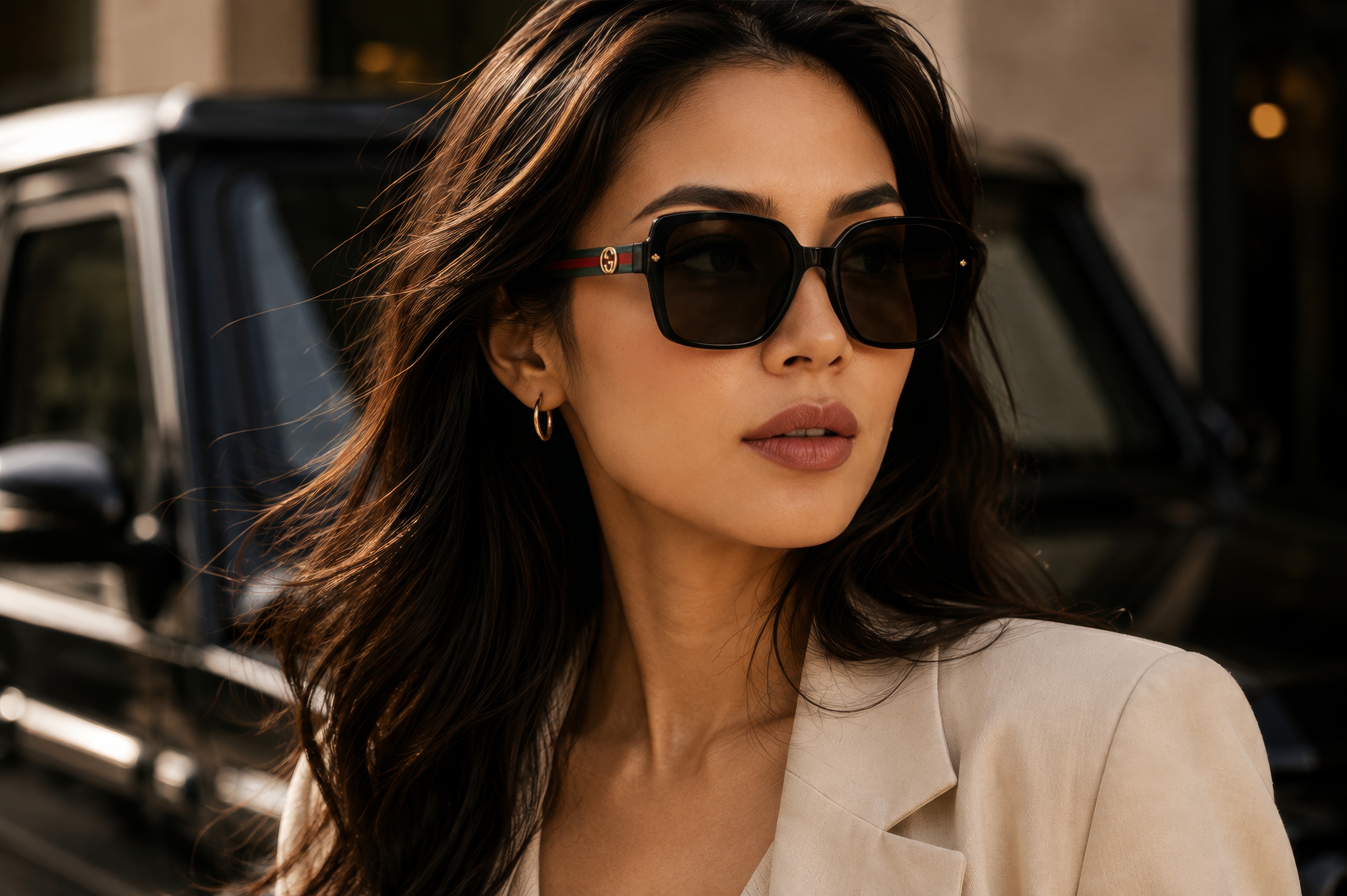 Stylish woman wearing new designer eyewear