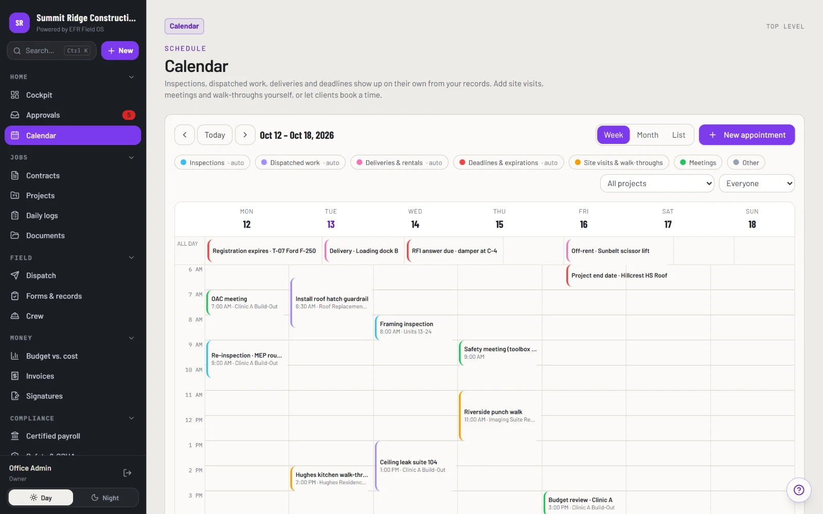EFR Field OS calendar with inspections, deliveries and deadlines filling in automatically