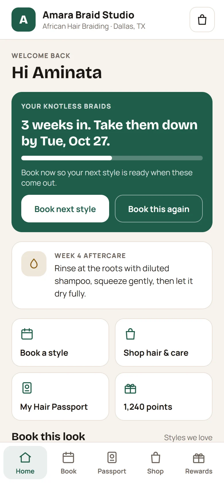 Crown salon client app on a phone showing booking and hair passport