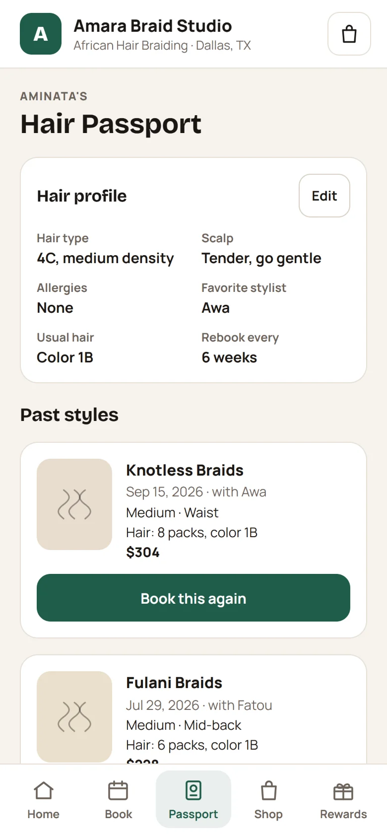 Crown Hair Passport on a phone showing every past style, hair used and stylist