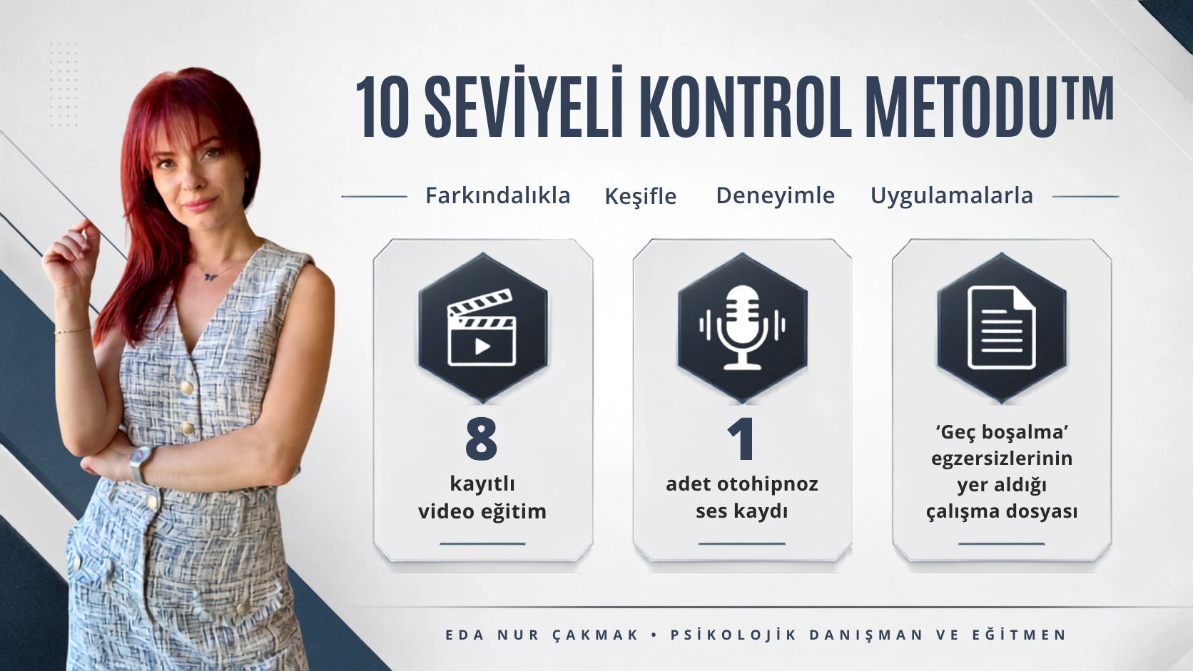 10 Seviyeli Kontrol Metodu — 8 kayıtlı video eğitim, otohipnoz ses kaydı ve geç boşalma egzersizlerinin yer aldığı çalışma dosyası · Psk. Dan. Eda Nur Çakmak