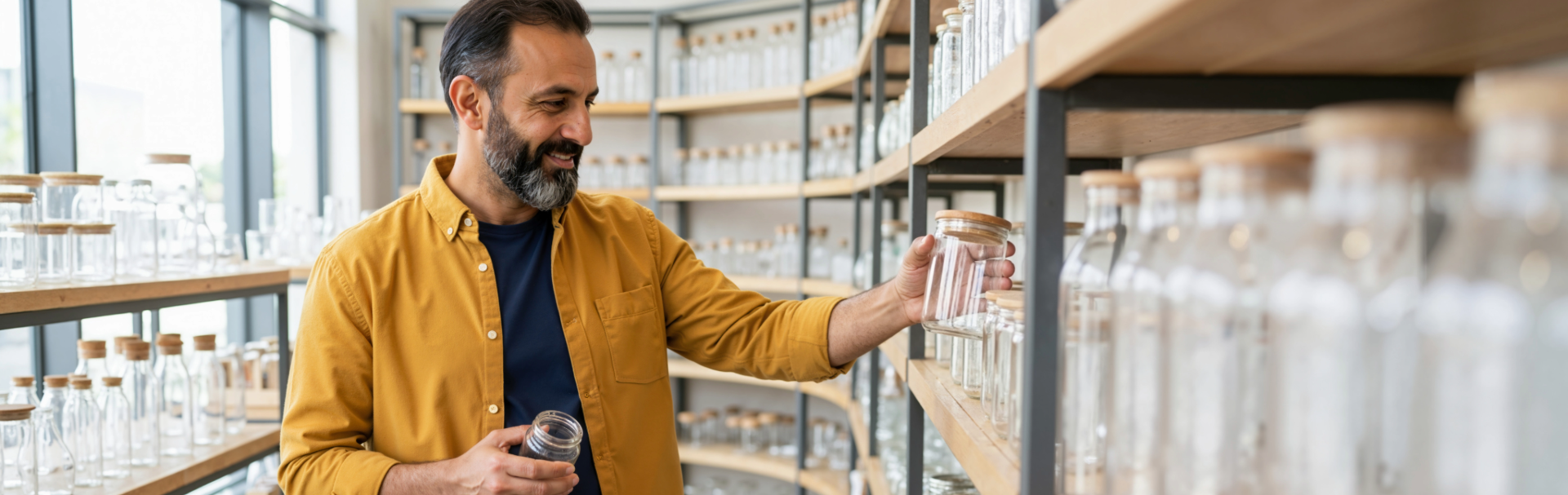 Image of man in store shopping for glass containers Image of man in store shopping for glass containers