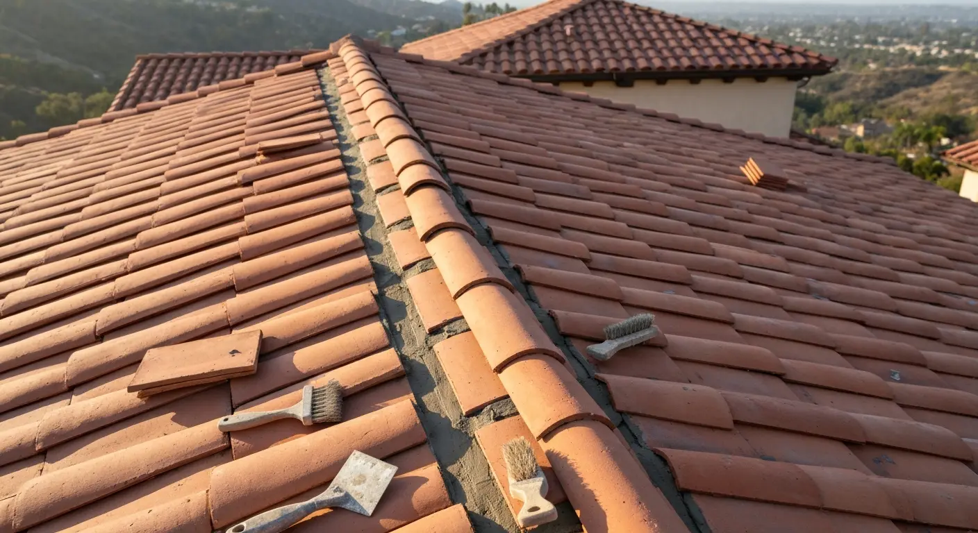 Clay tile roof repair on Mediterranean home