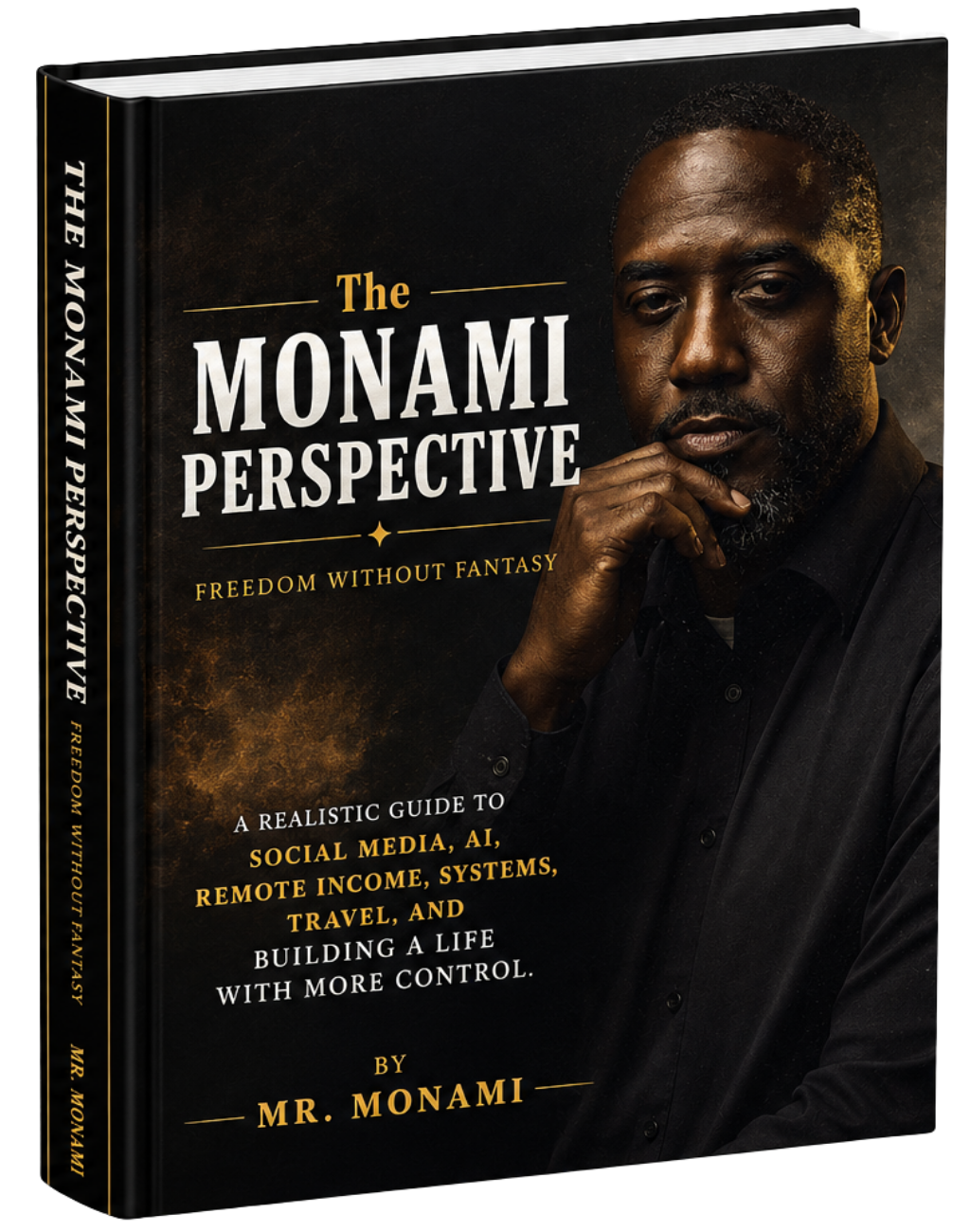 The Monami Perspective book cover, spine, and back cover mockup