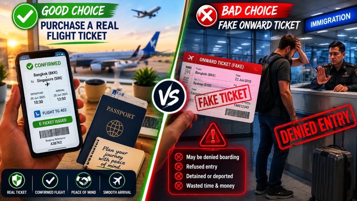 Illustration comparing a real onward flight ticket with a fake one that leads to denied entry