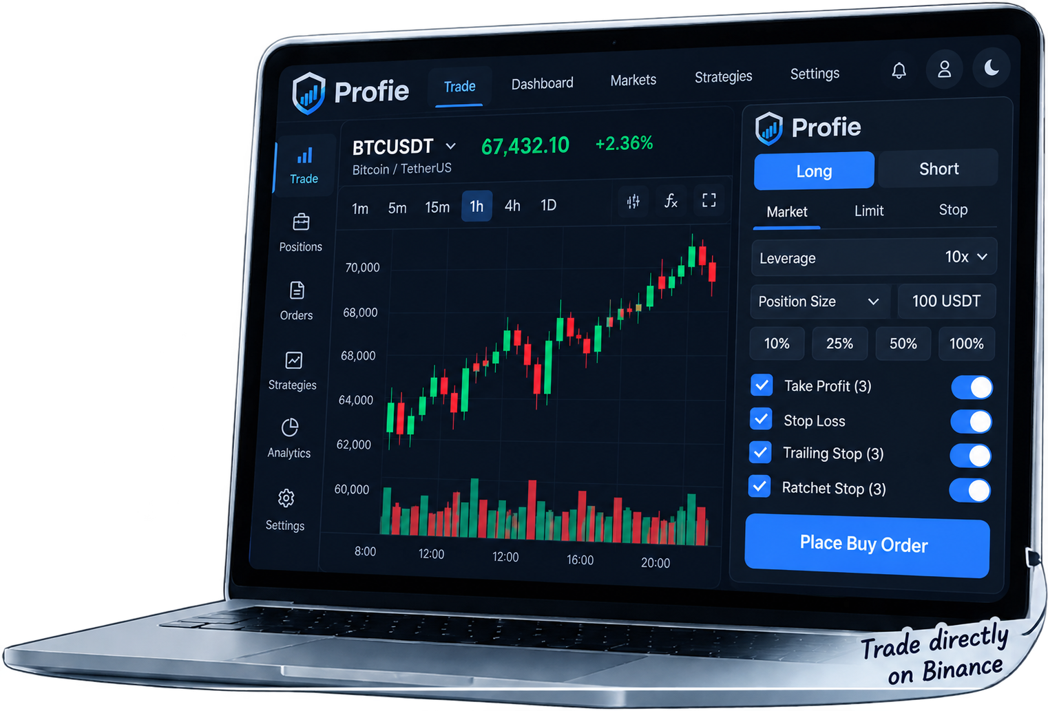 Illustrative Profie trading dashboard preview inside a laptop with blue trade controls.