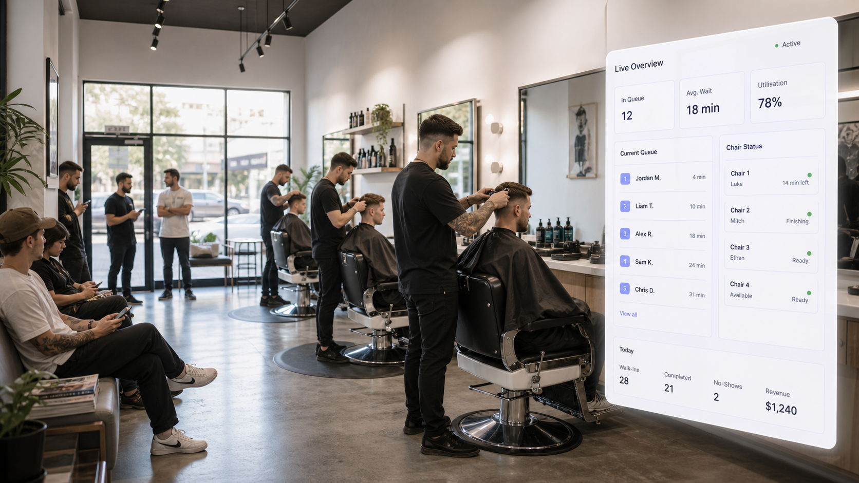 Busy barbershop with a live Queue Cut dashboard showing wait times and chair status