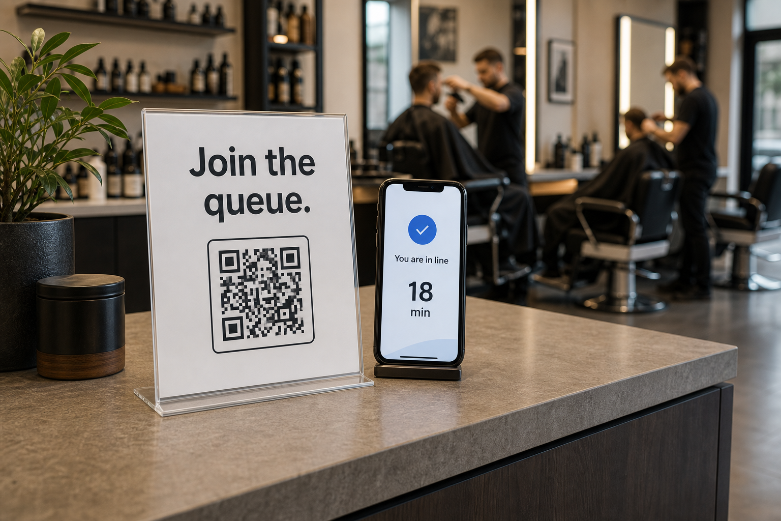 Barbershop counter sign inviting customers to join the queue with a QR code