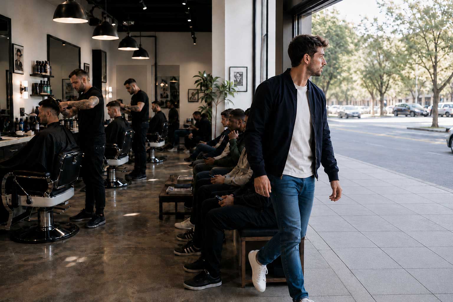 Walk-in customer leaving a busy barbershop after seeing a full waiting area
