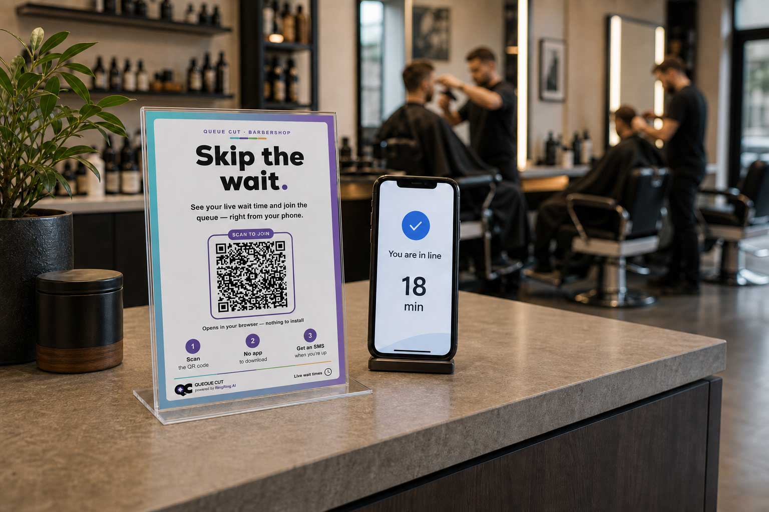 Barbershop counter sign inviting customers to join the queue with a QR code