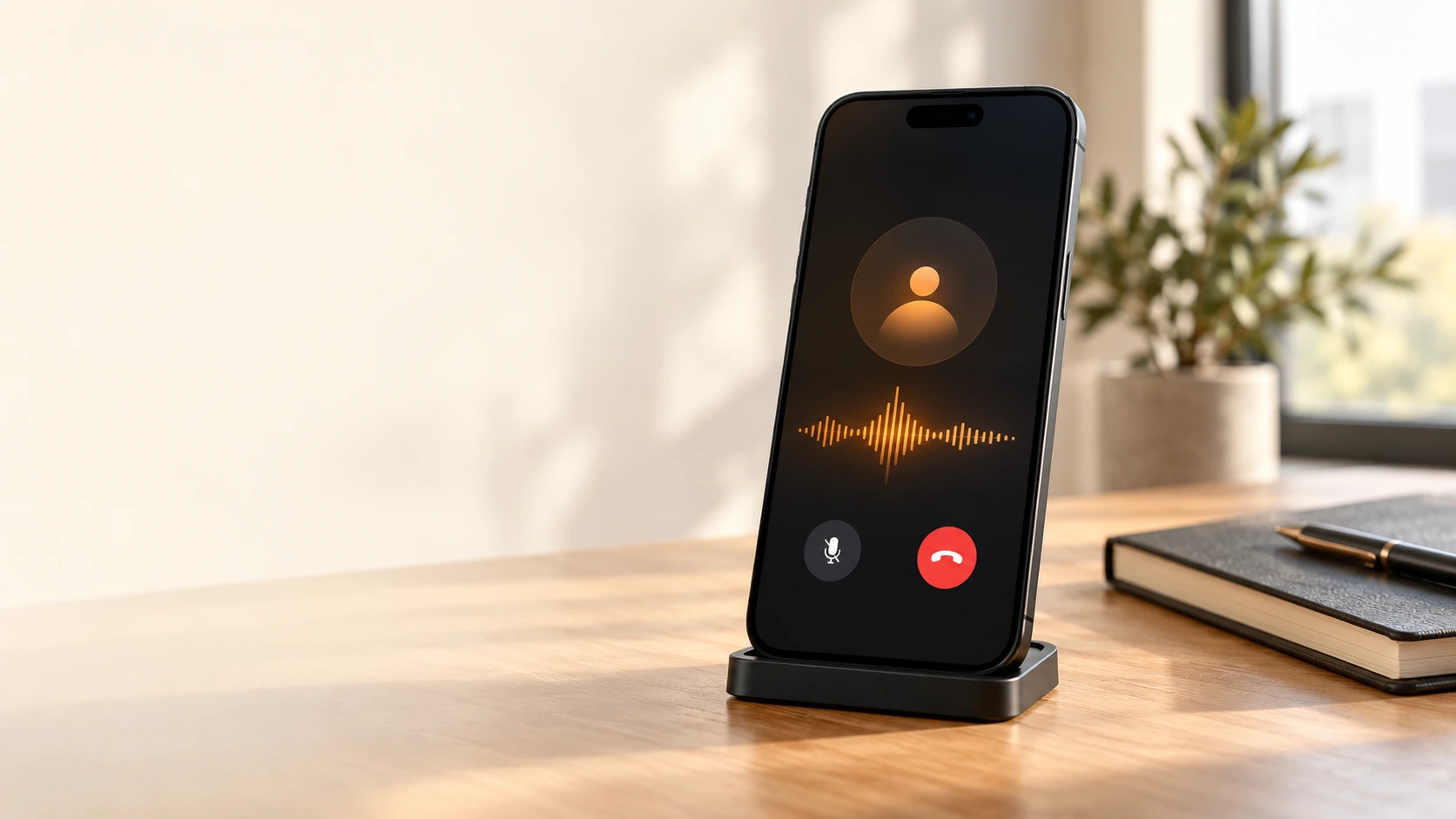 KI-Anruf auf einem Telefon in einer schlichten Büroumgebung