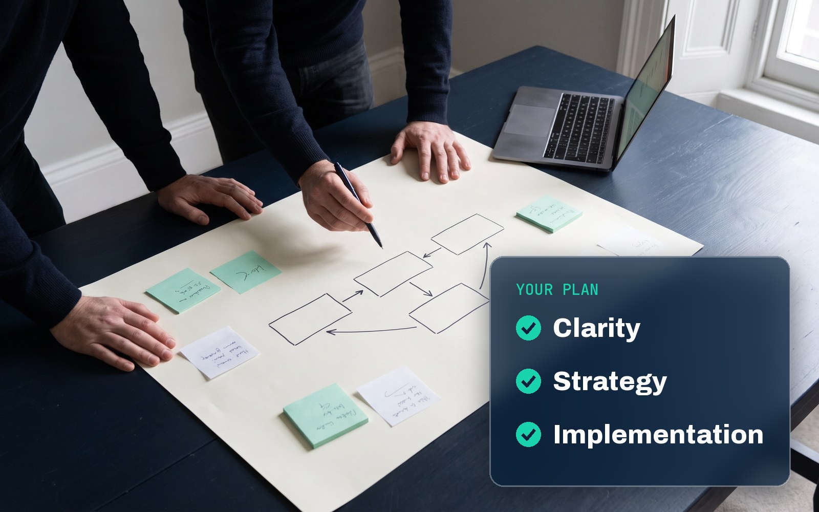 An owner and an adviser mapping out a business plan on paper
