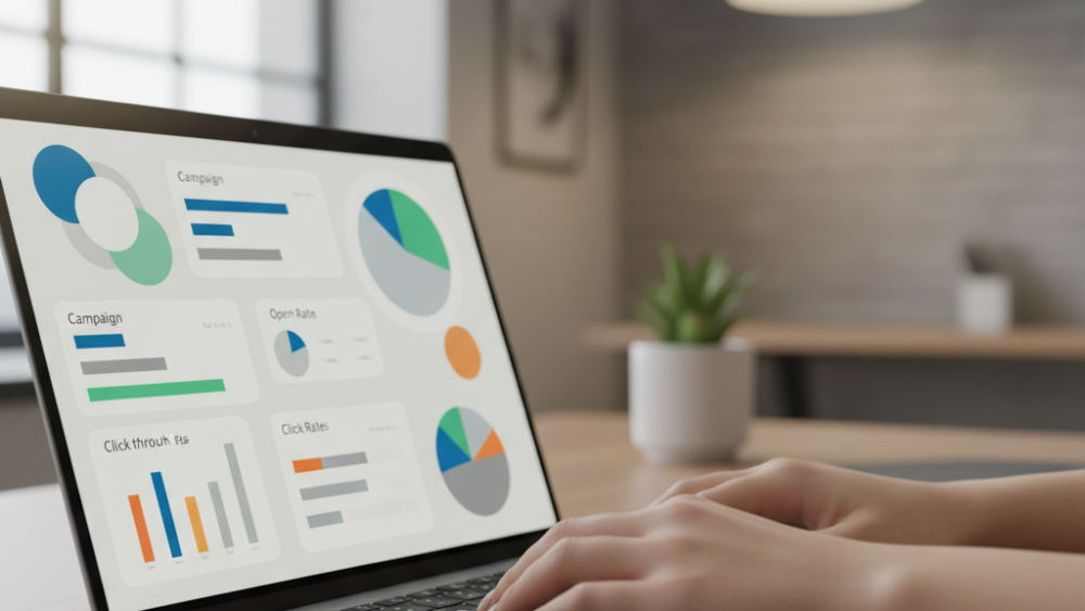 Hands typing on laptop showing email marketing dashboard with campaign performance metrics and analytics