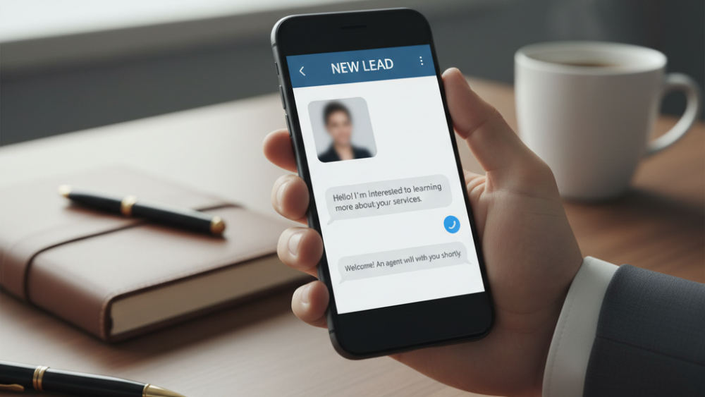 Mobile phone showing real-time lead notification and automated AI response message for instant customer engagement.