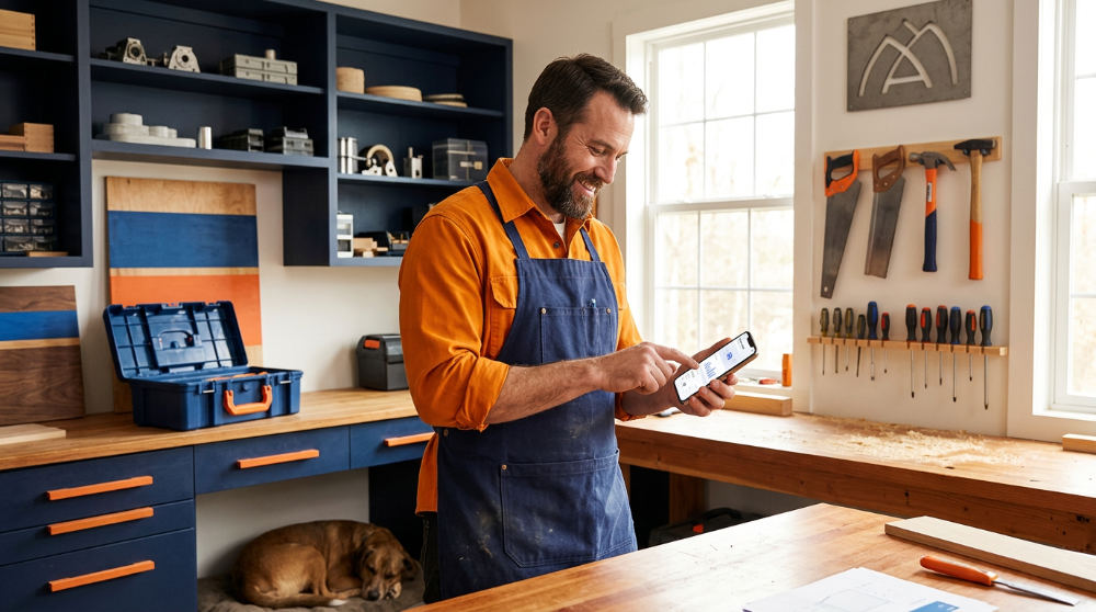 A small business owner receiving a notification from an automated CRM follow up system.