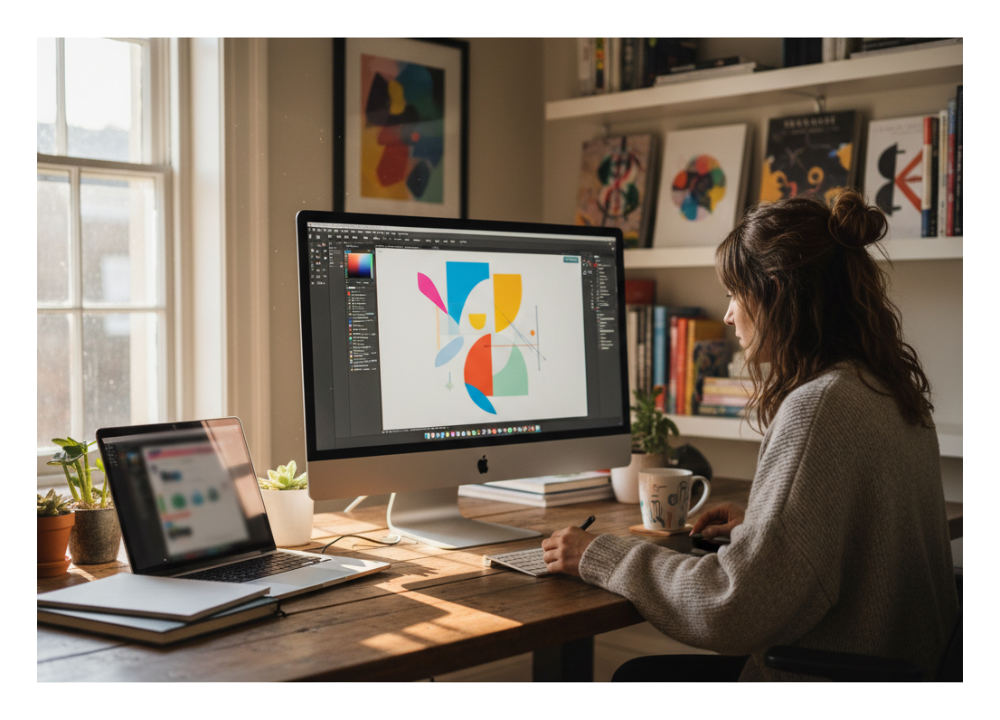 A freelance designer working independently from a home office on client branding projects.