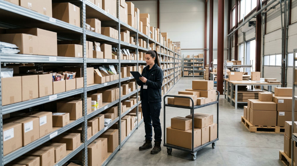 Interior of a shipping facility with stacked cardboard boxes and a worker managing direct-to-consumer inventory.