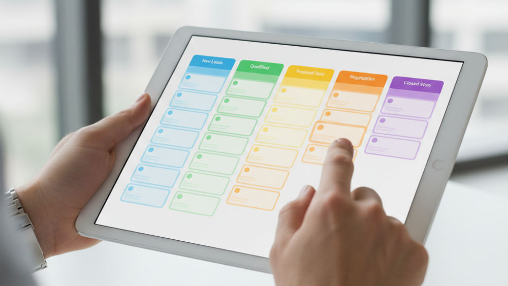 Sales professional managing CRM pipeline on tablet device