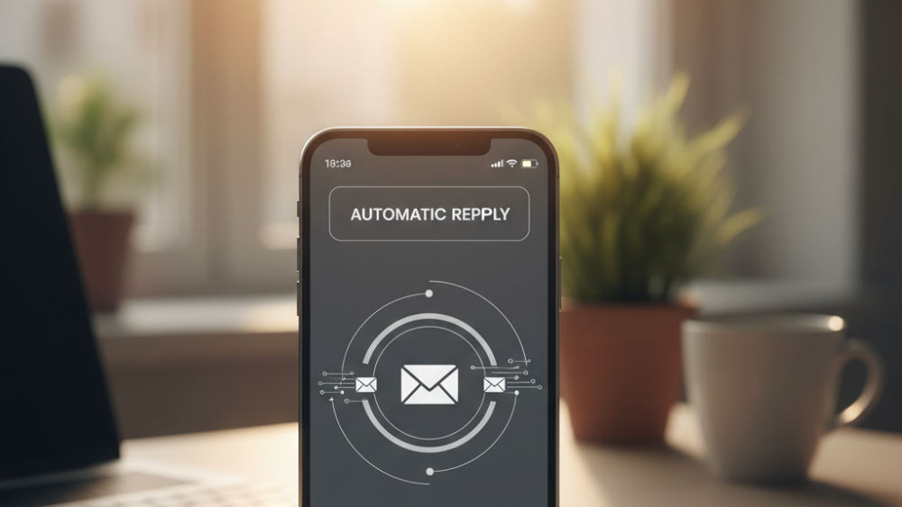 Smartphone displaying automatic reply email being sent from business inbox with home office background