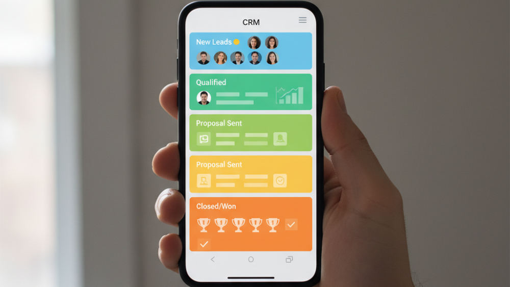 Smartphone displaying a customer relationship management dashboard with sales pipeline stages and contact details in a professional's hand.