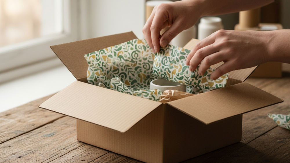 Hands carefully wrapping and packaging a product in branded tissue paper for direct-to-consumer shipping.
