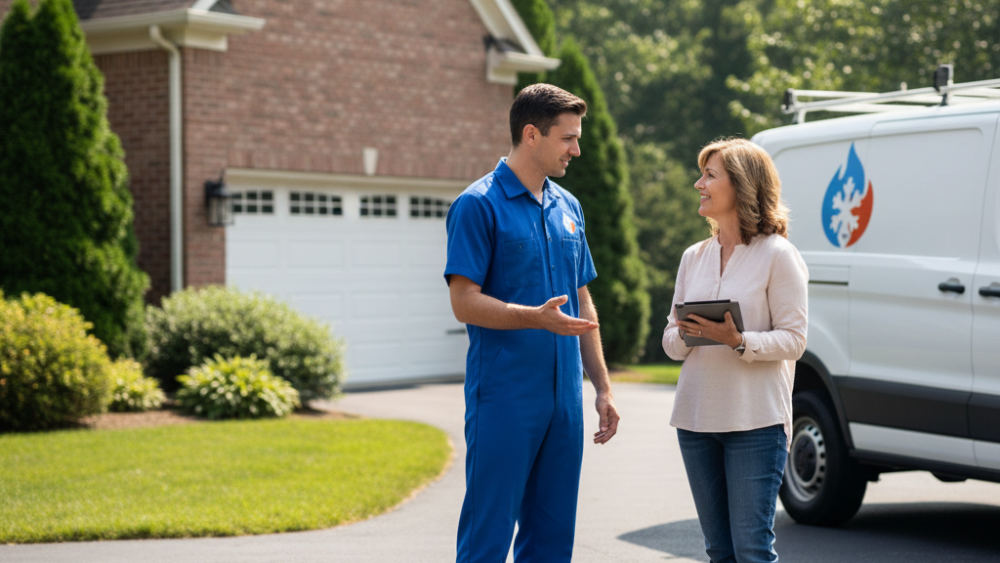 A service technician explaining repair options to a homeowner in a targeted suburban neighborhood.