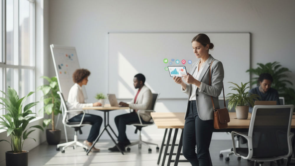 A business owner reviews customer lead notifications on a smartphone in a modern coworking environment.