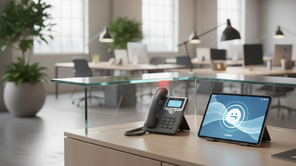 An AI agent interface on a tablet answering an incoming phone call at a service business reception desk during business hours.