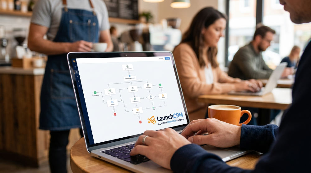 A laptop showing an automated email marketing workflow connected to a digital storefront.
