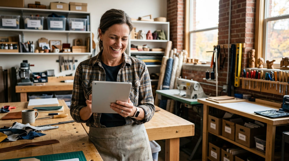 A business owner reviewing sales data on a tablet using an integrated commerce dashboard.