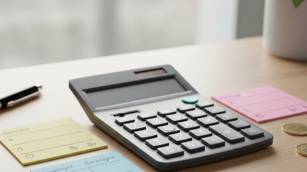 Calculator displaying monthly software costs with pricing notes for comparing all-employee versus flexible user licensing models.
